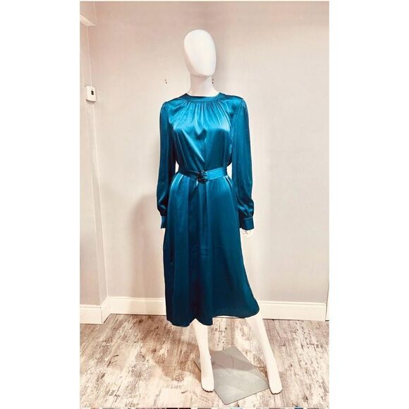 Misook Teal Belted Satin Midi Dress Size Large - Picture 5 of 8